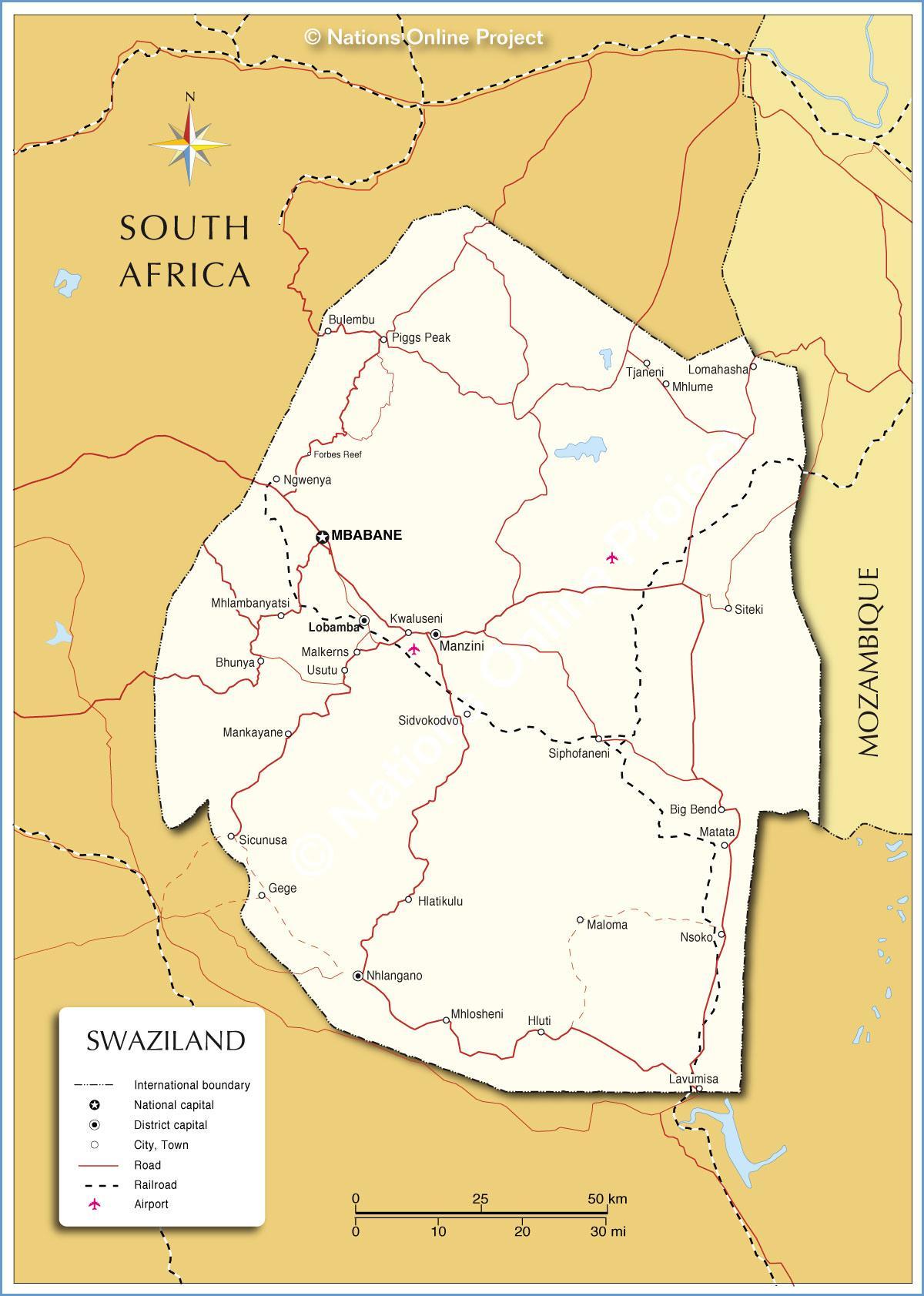 Map of Swaziland towns