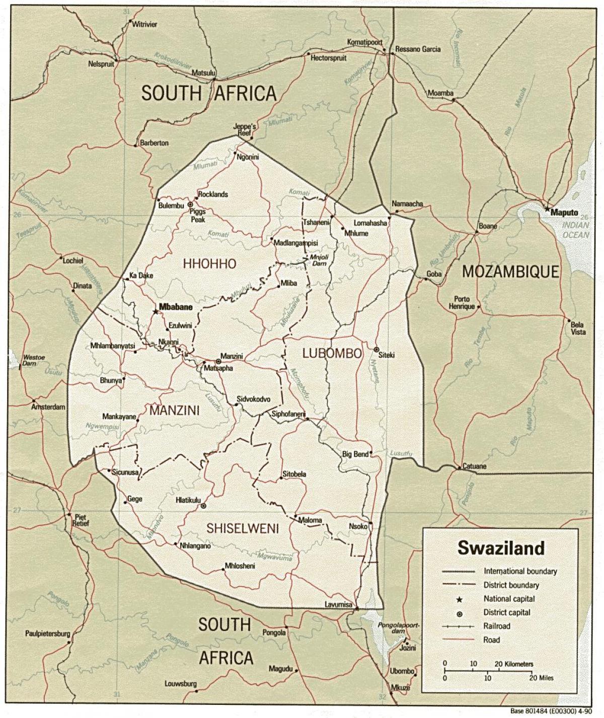 map of Swaziland showing border posts
